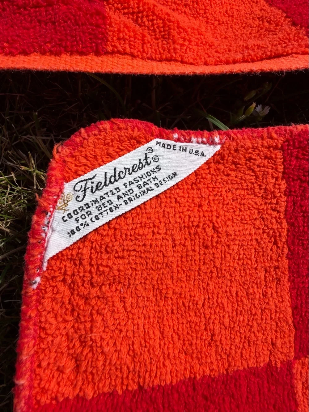Vintage MCM Fieldcrest CHECKERBOARD Hand Towel Red Orange Cotton Washcloth 2 pc